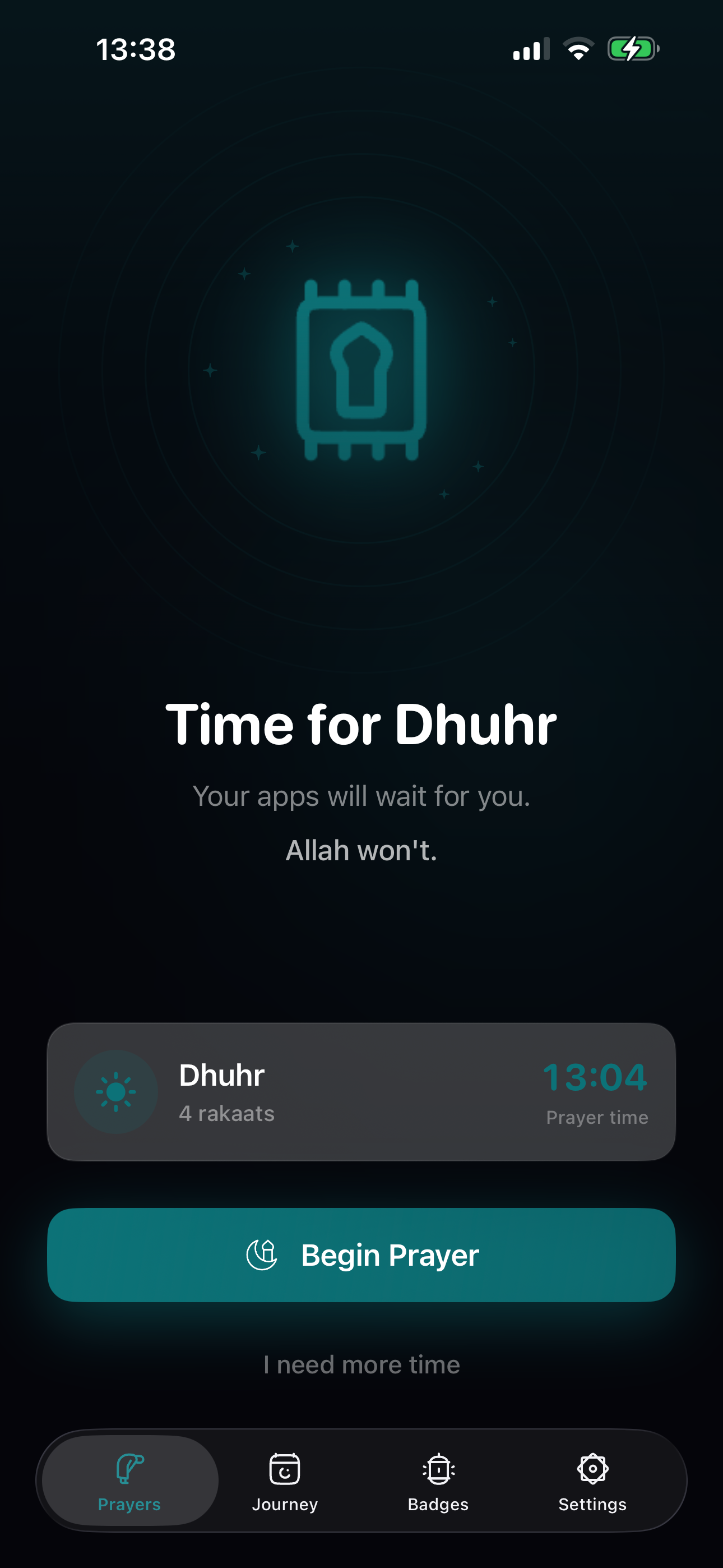 Salat on Time app showing prayer prompt notification to complete salat